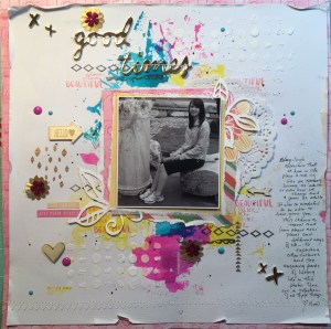 A mixed media layout featuring a photo of Bailey on her Europe trip.